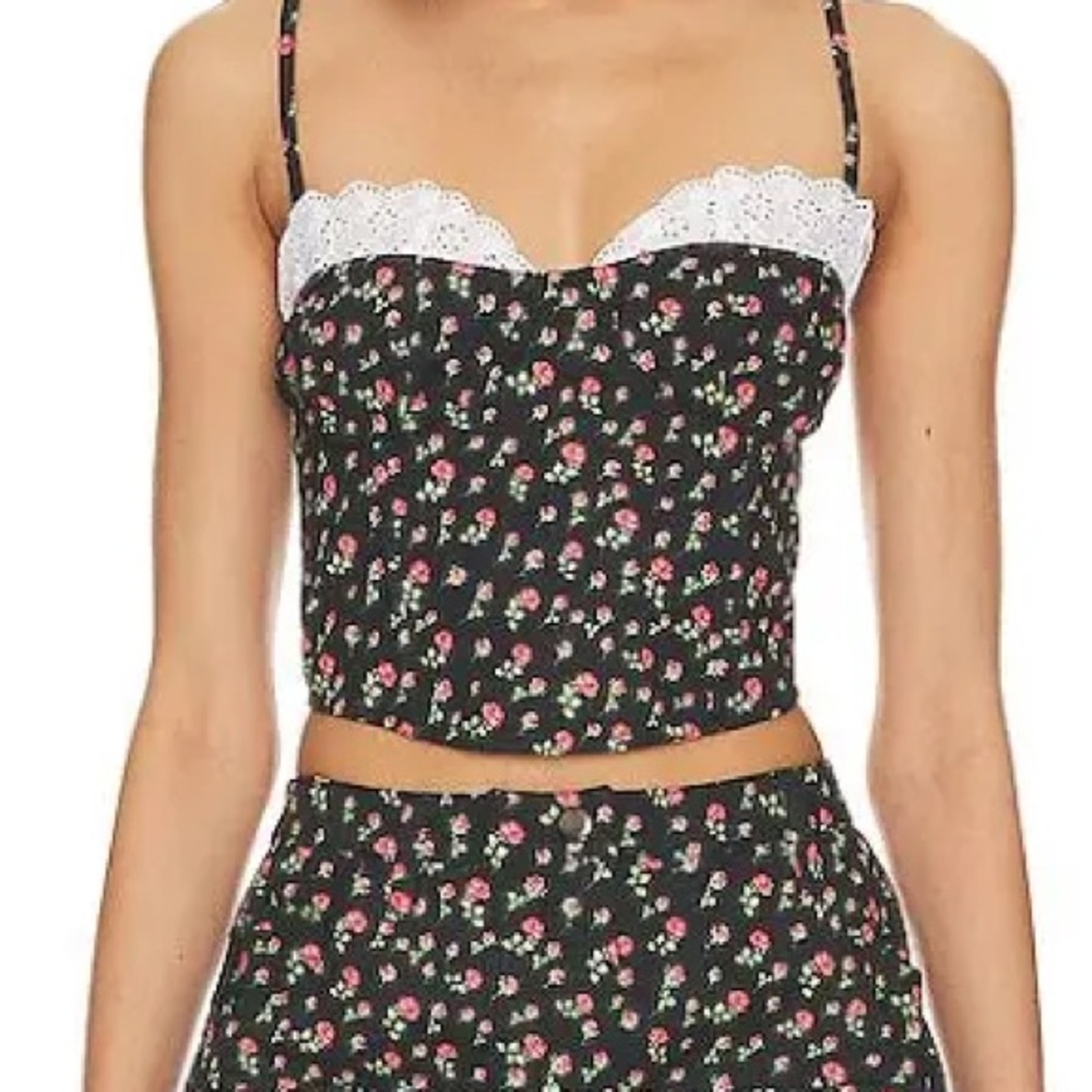 Camille top Floral Black Crop Top with Lace Trim